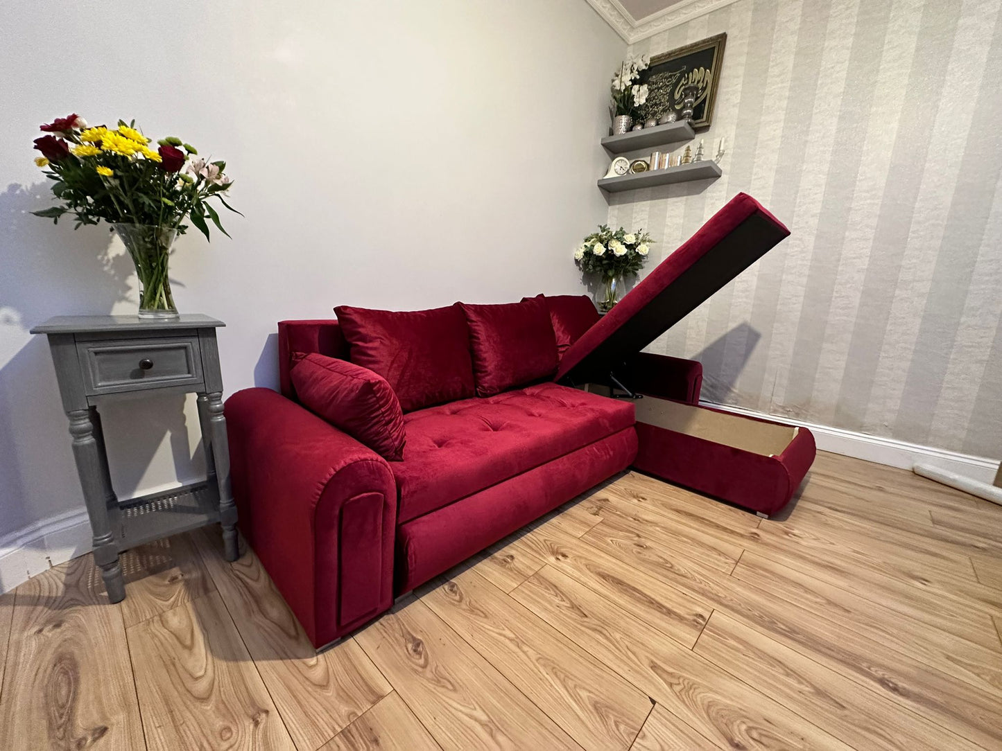 Berlin Universal Corner Sofa Bed with Storage – Maroon – Left or Right Facing – Modern Convertible Sofa Bed UK